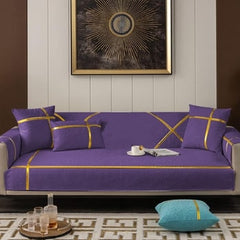 Luxury Velvet Embroidered Sofa Cover With Cushion Covers- Purple