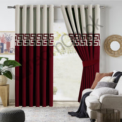 Luxury Velvet Curtains - Off White And Maroon