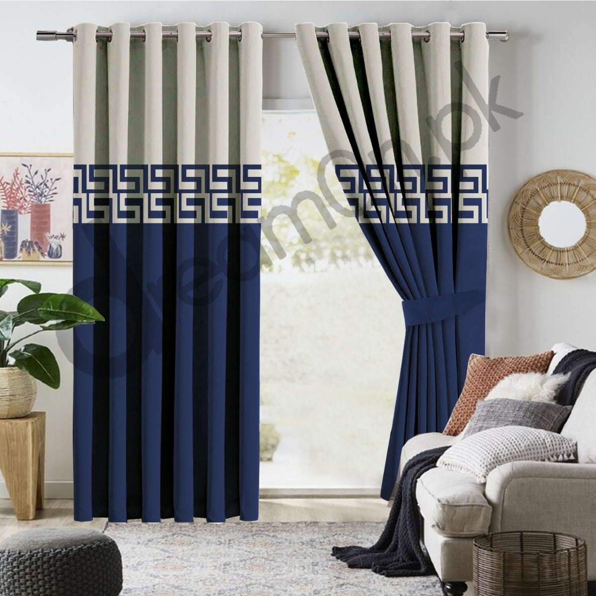 Luxury Velvet Curtains - Off White And Navy Blue