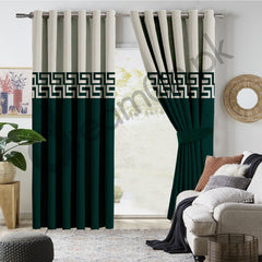 Luxury Velvet Curtains - Off White And Green