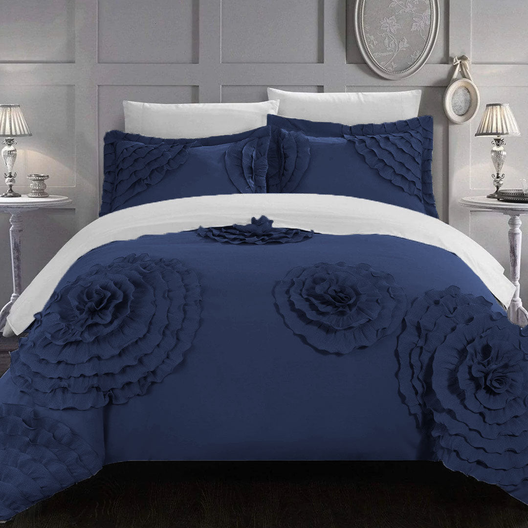 Luxury Flower Frill Bridal Bedding Set 6 Pcs- Navy Blue