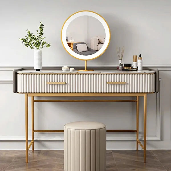 Modern Off White Makeup Vanity Stone Top 2-Drawer Dressing Table
