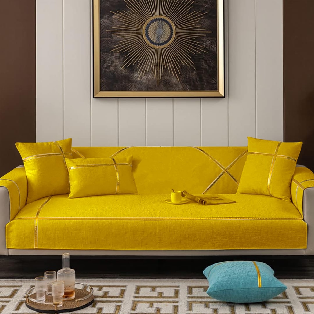 Luxury Velvet Embroidered Sofa Cover With Cushion Covers- Yellow