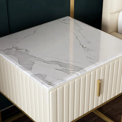 Off White Nightstand Faux Marble Top with Drawer Bedside Table