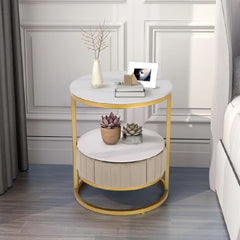 White Round Marble Side Table with in Velvet Gold Finish
