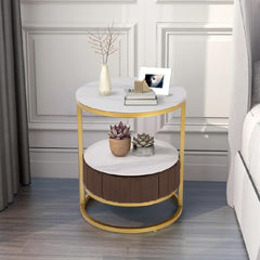 White Round Marble Side Table with in Velvet Gold Finish