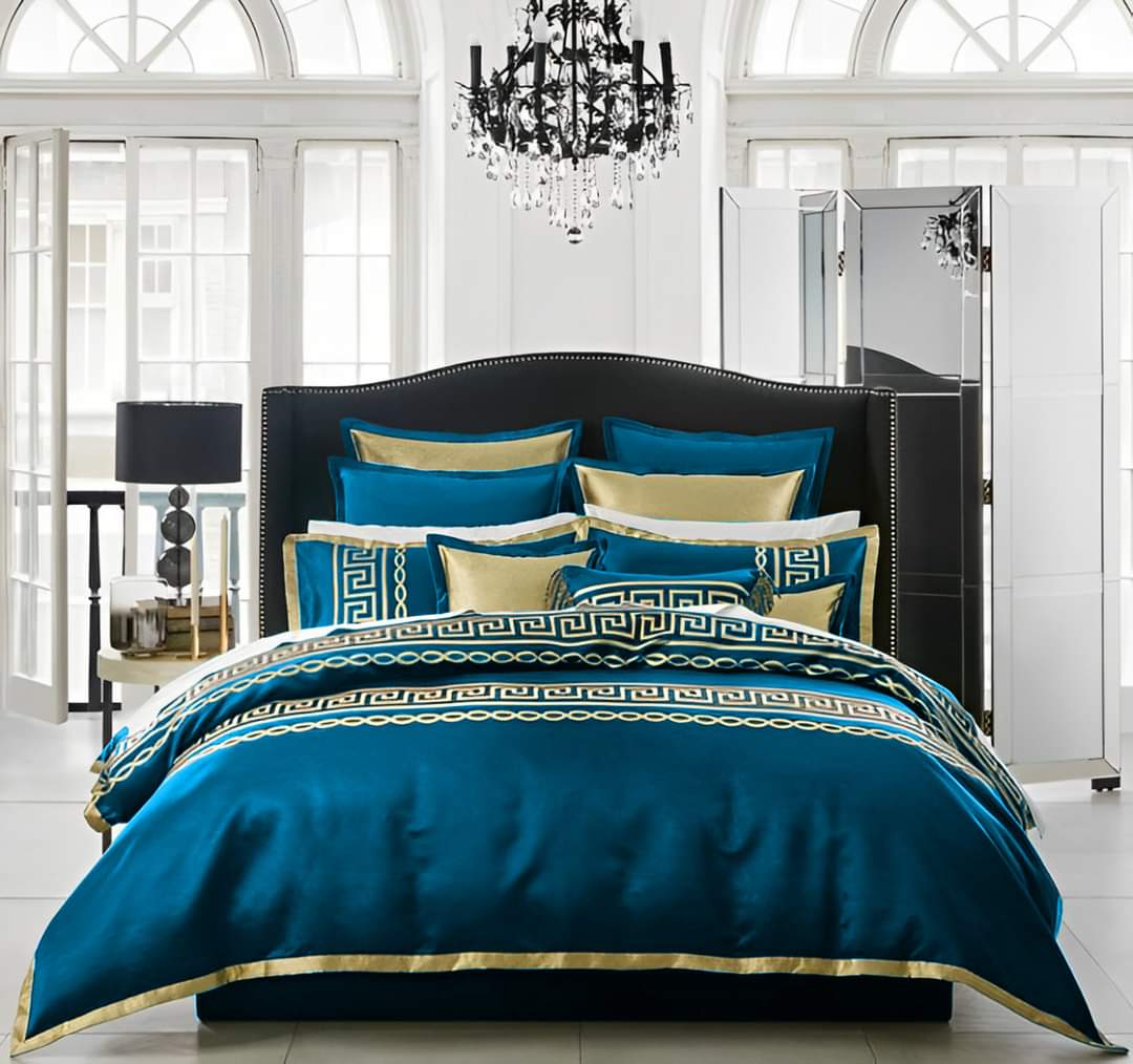 Premium Silk Luxury Embroidered Duvet Set _ Teal & Golden