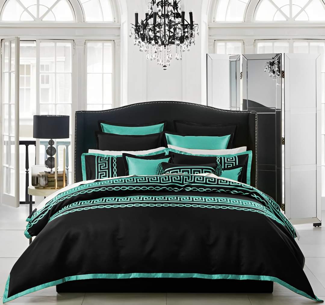 Premium Silk Luxury Embroidered Duvet Set _ Black & Zinc