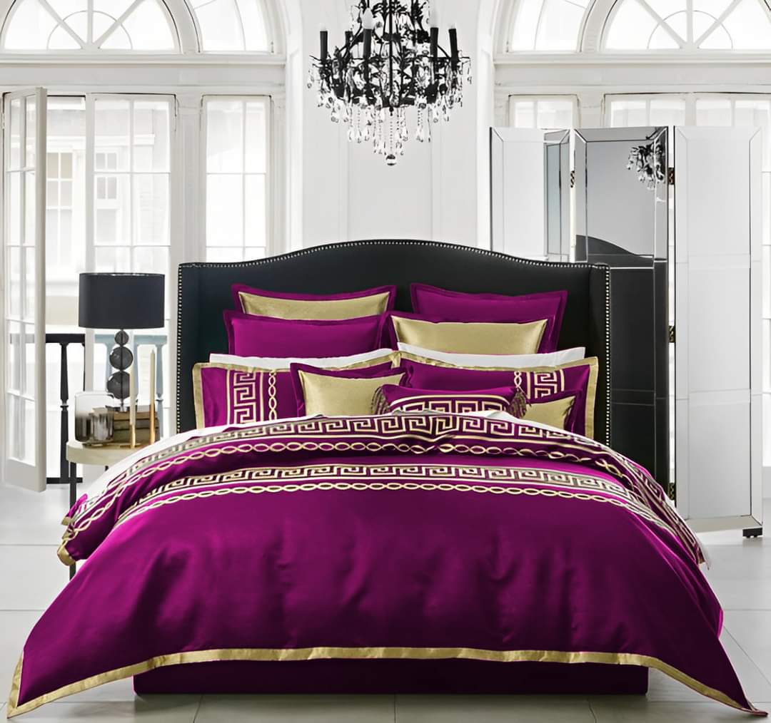 Premium Silk Luxury Embroidered Duvet Set _ Shocking Pink & Golden