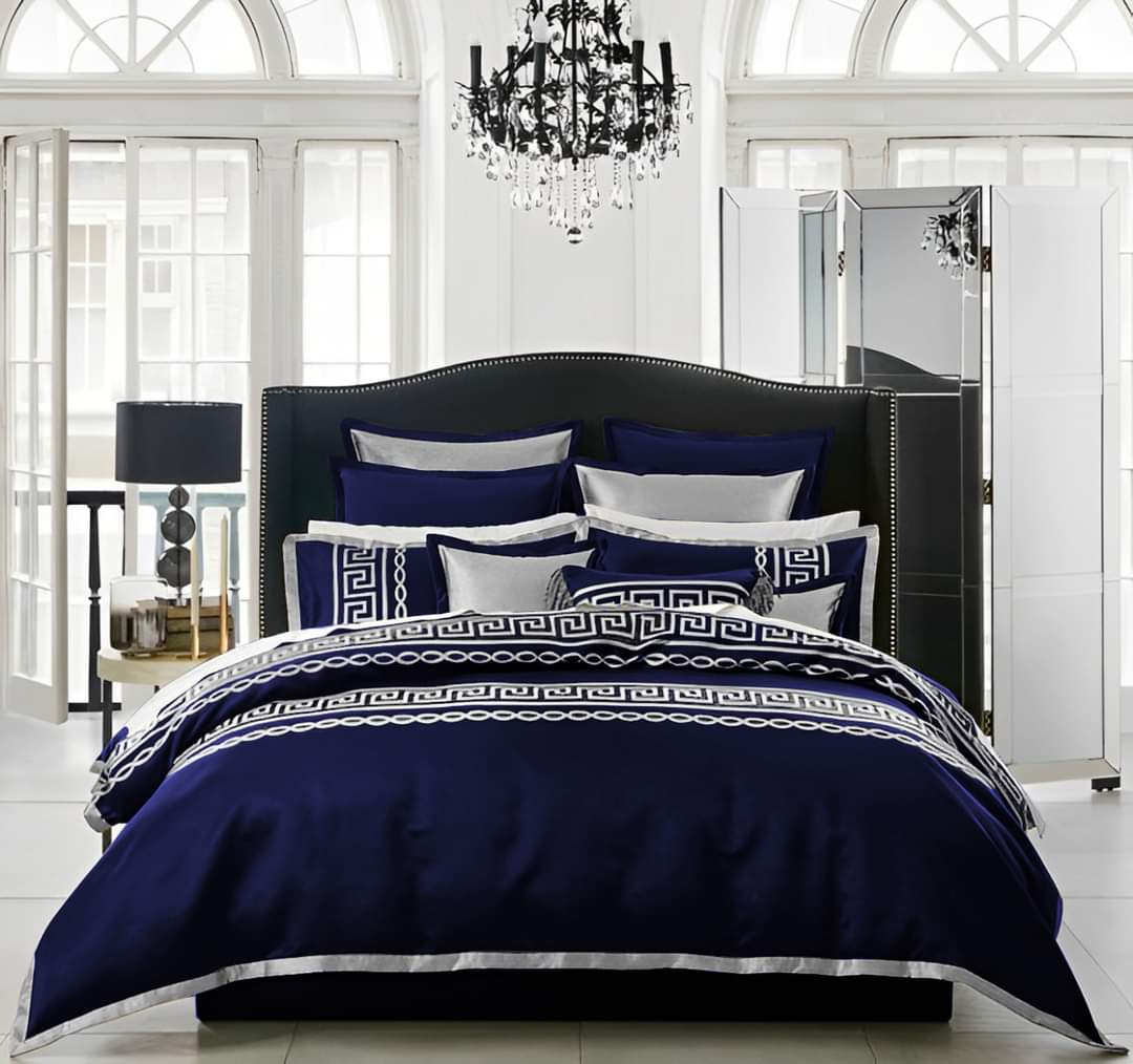 Premium Silk Luxury Embroidered Duvet Set _ Navy Blue & White