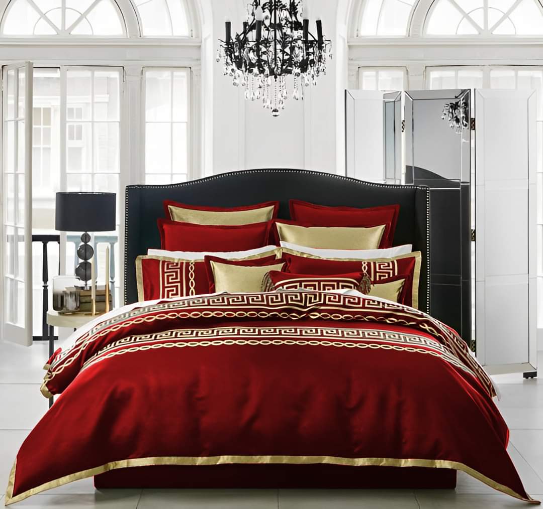 Premium Silk Luxury Embroidered Duvet Set _ Red & Golden