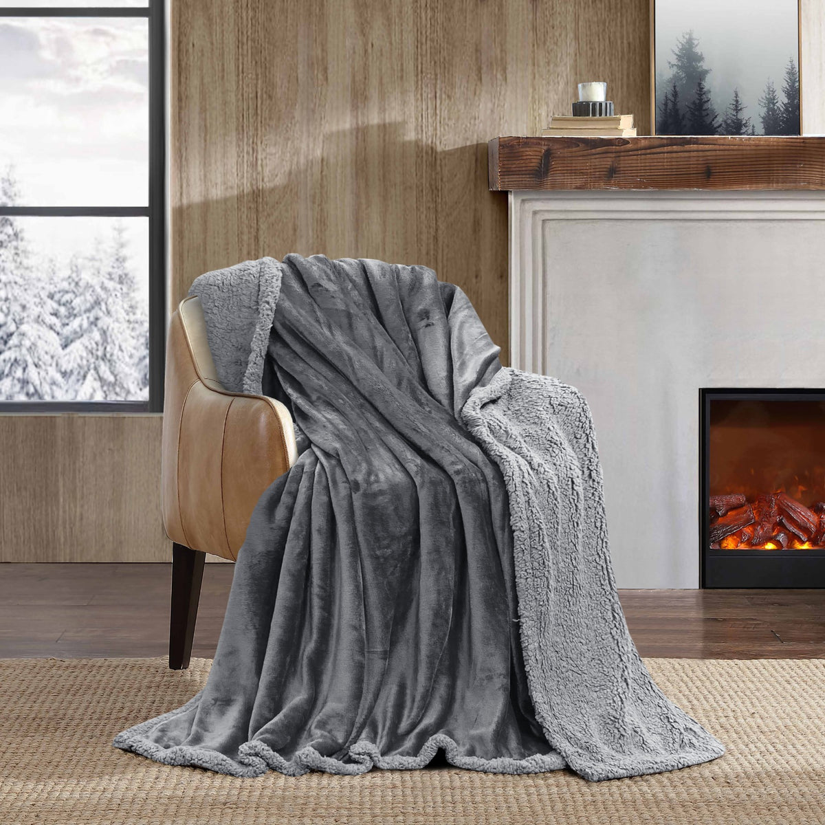 Super Soft Reversible Sherpa Fleece Blanket 350gsm- Grey