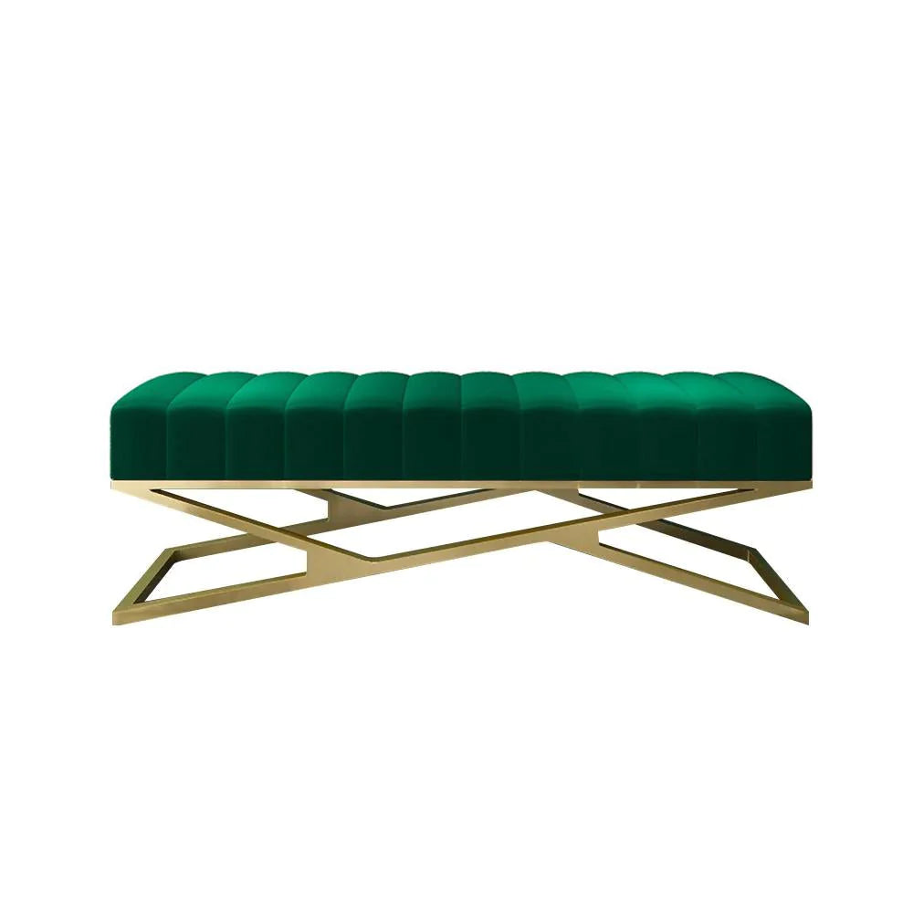 Modern Green Velvet Upholstered Ottoman Bench in Gold
