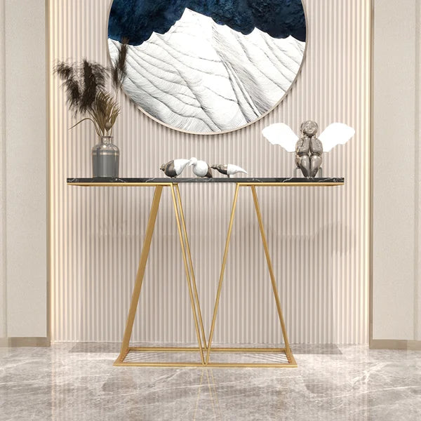 Modern Black Narrow Console Table with Marble Top