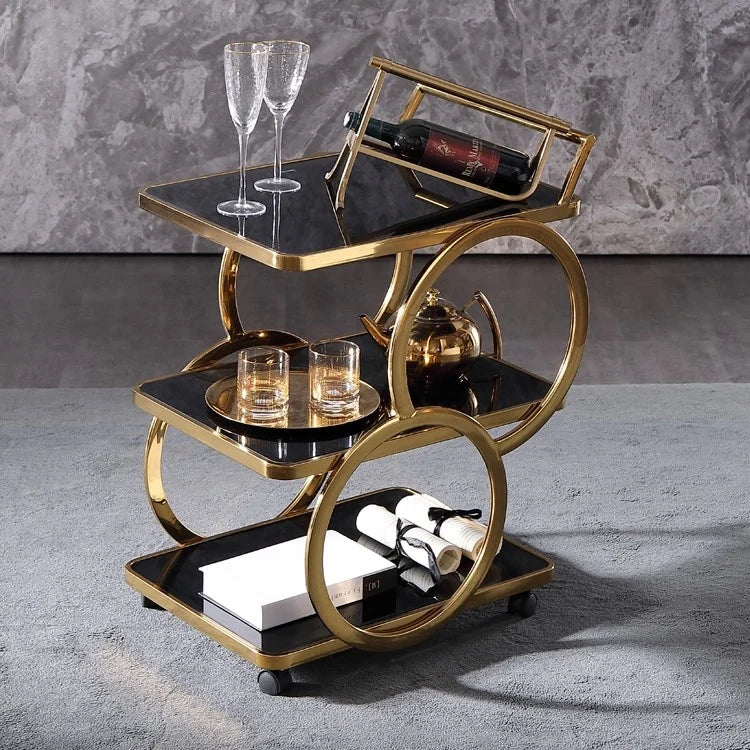 Modern Wood & Metal Rolling 3-Tier Trolley  With Handle In Black & Gold