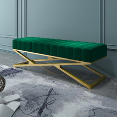 Modern Green Velvet Upholstered Ottoman Bench in Gold