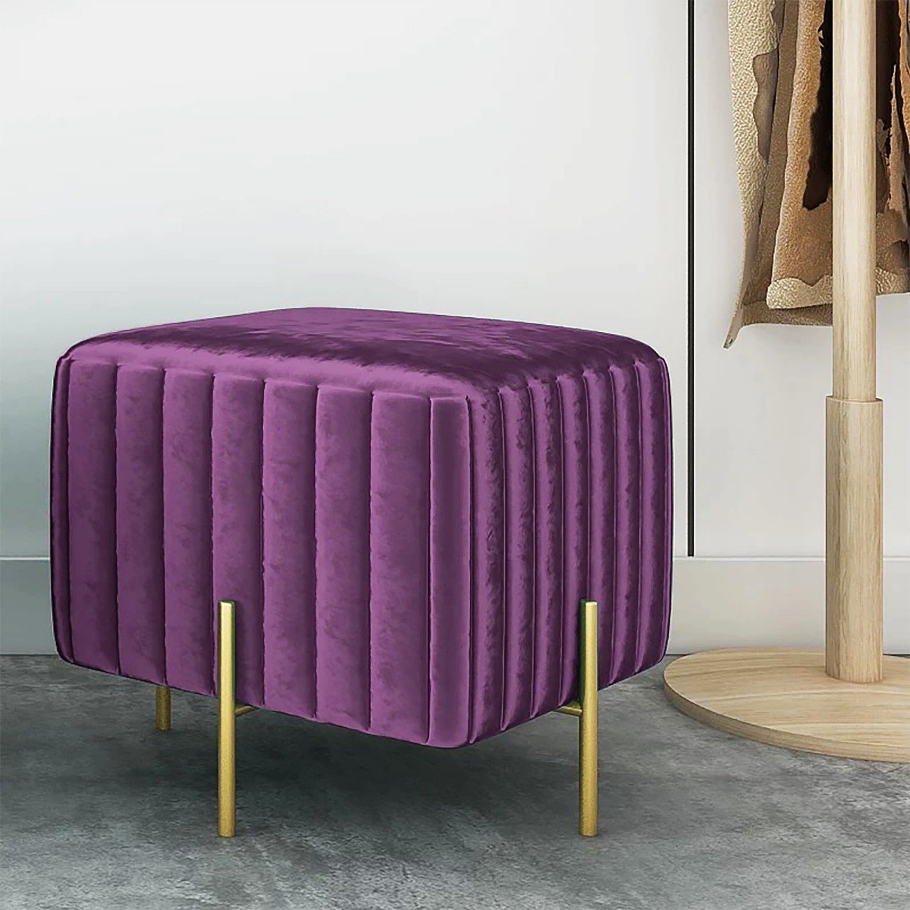 Wooden Square stool With Golden Metal Stand (Purple)
