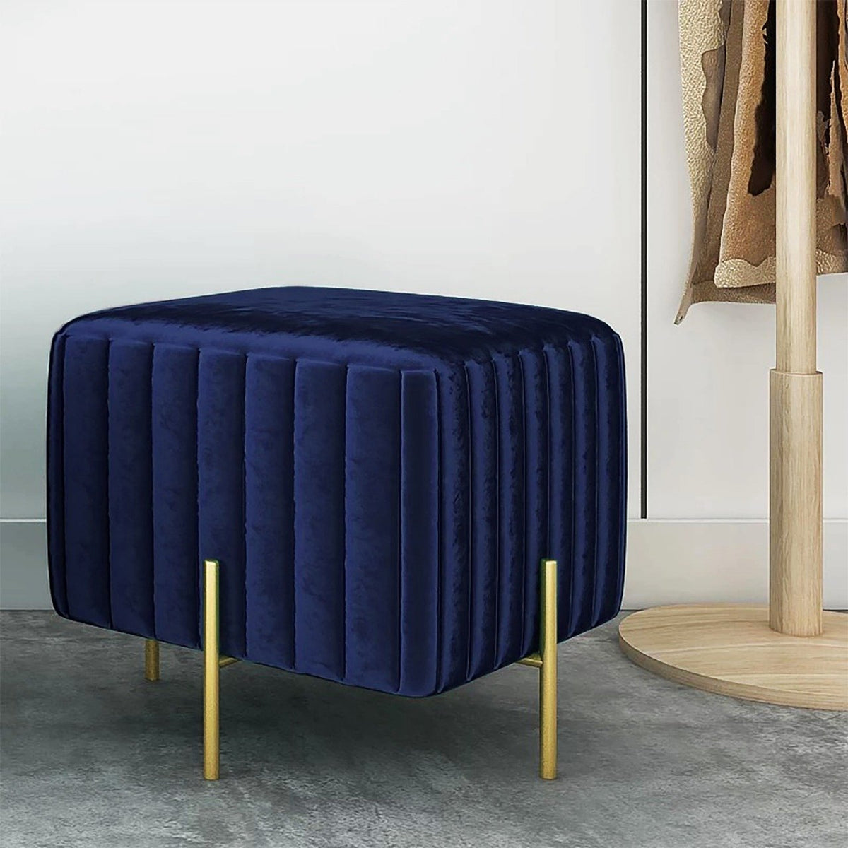 Wooden Square stool With Golden Metal Stand (Blue)