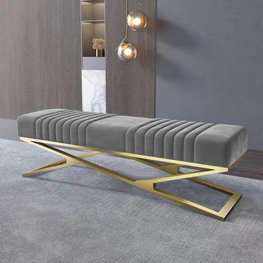 Modern Light Grey Velvet Upholstered Ottoman Bench in Gold