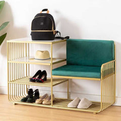Corner Shoe Rack With Seat - Gold & Green