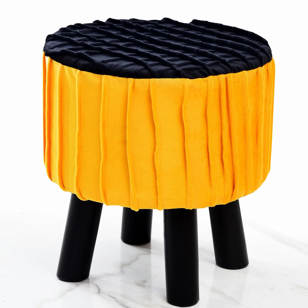 Round Wooden Velvet Pleated Stool- Orange/Black