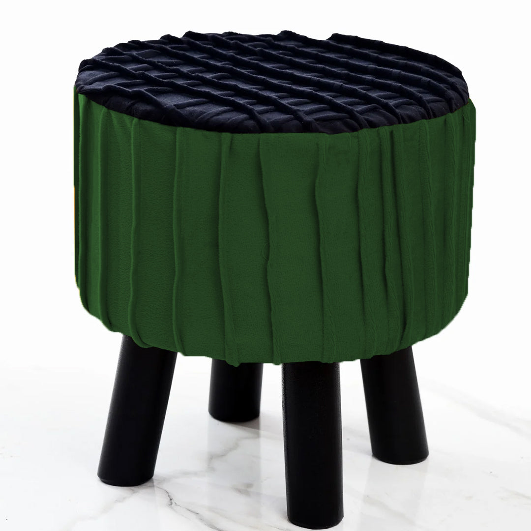 Round Wooden Velvet Pleated Stool- Green/Black