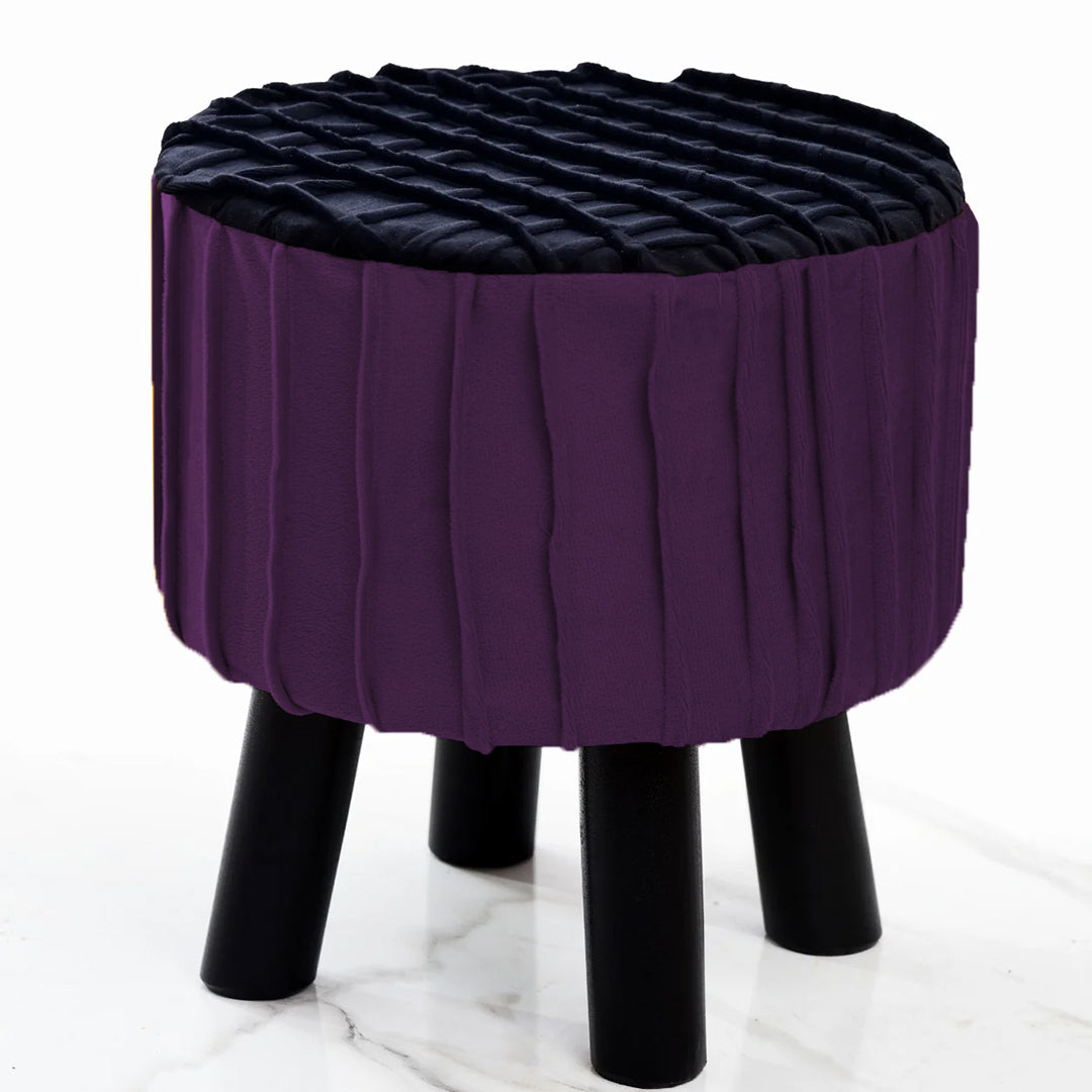 Round Wooden Velvet Pleated Stool- Purple/Black