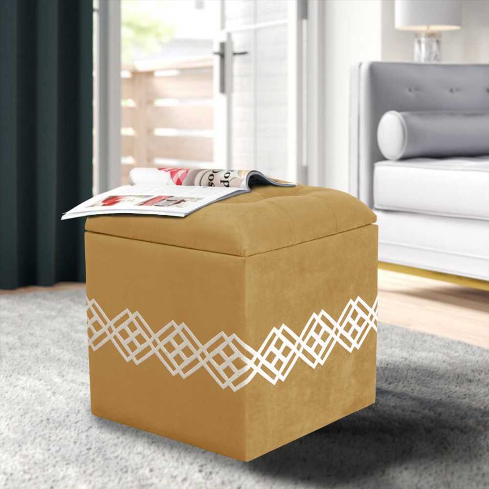 Quilted Square Wooden Storage Box Stool Fawn
