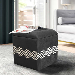 Quilted Square Wooden Storage Box Stool Grey