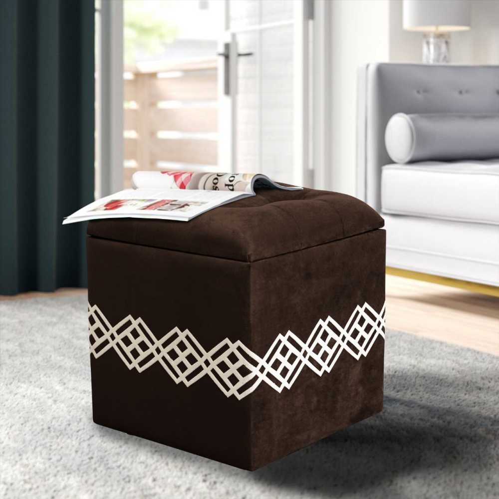 Quilted Square Wooden Storage Box Stool Dark Brown