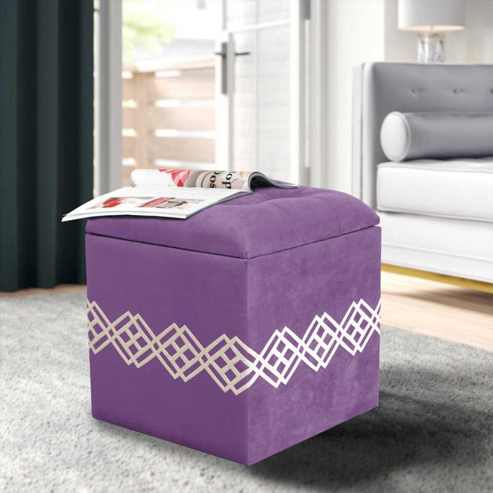 Quilted Square Wooden Storage Box Stool Light Purple