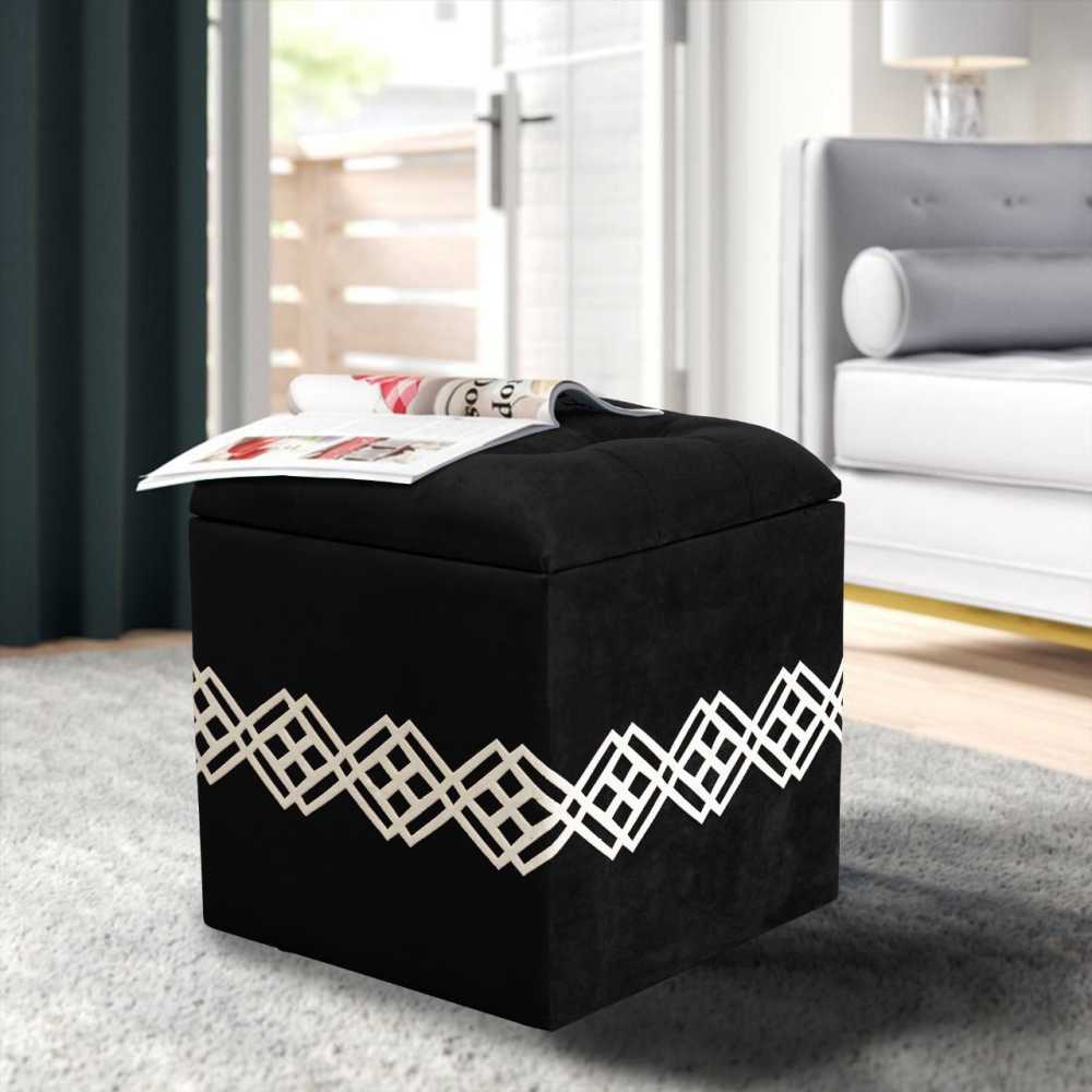 Quilted Square Wooden Storage Box Stool Black
