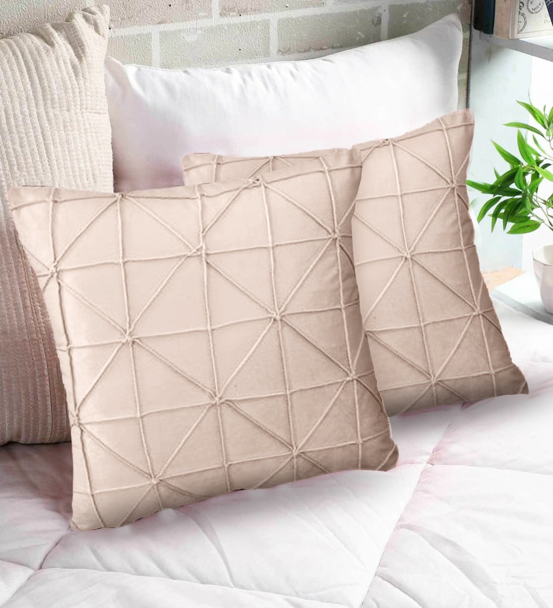 Pack of 2 Premium Velvet Diamond Pleated Cushion Cover beige