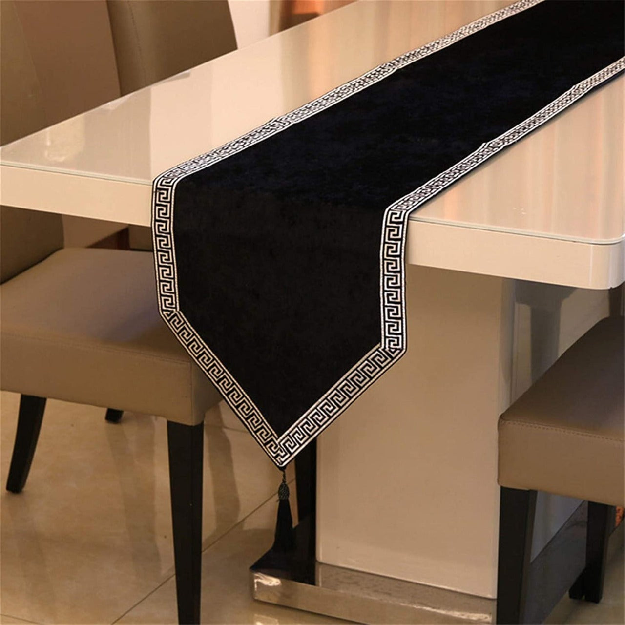 Luxury Embroidered Velvet Table Runner Black