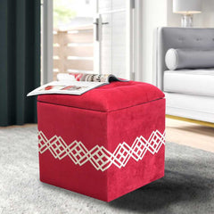 Quilted Square Wooden Storage Box Stool Maroon