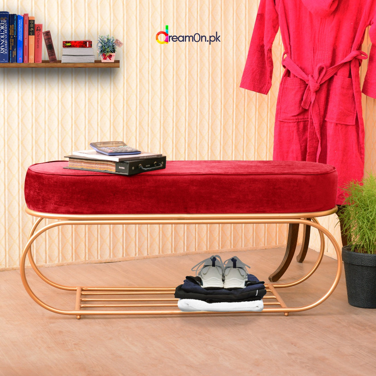 3 Seater Wooden Stool With Steel Stand
