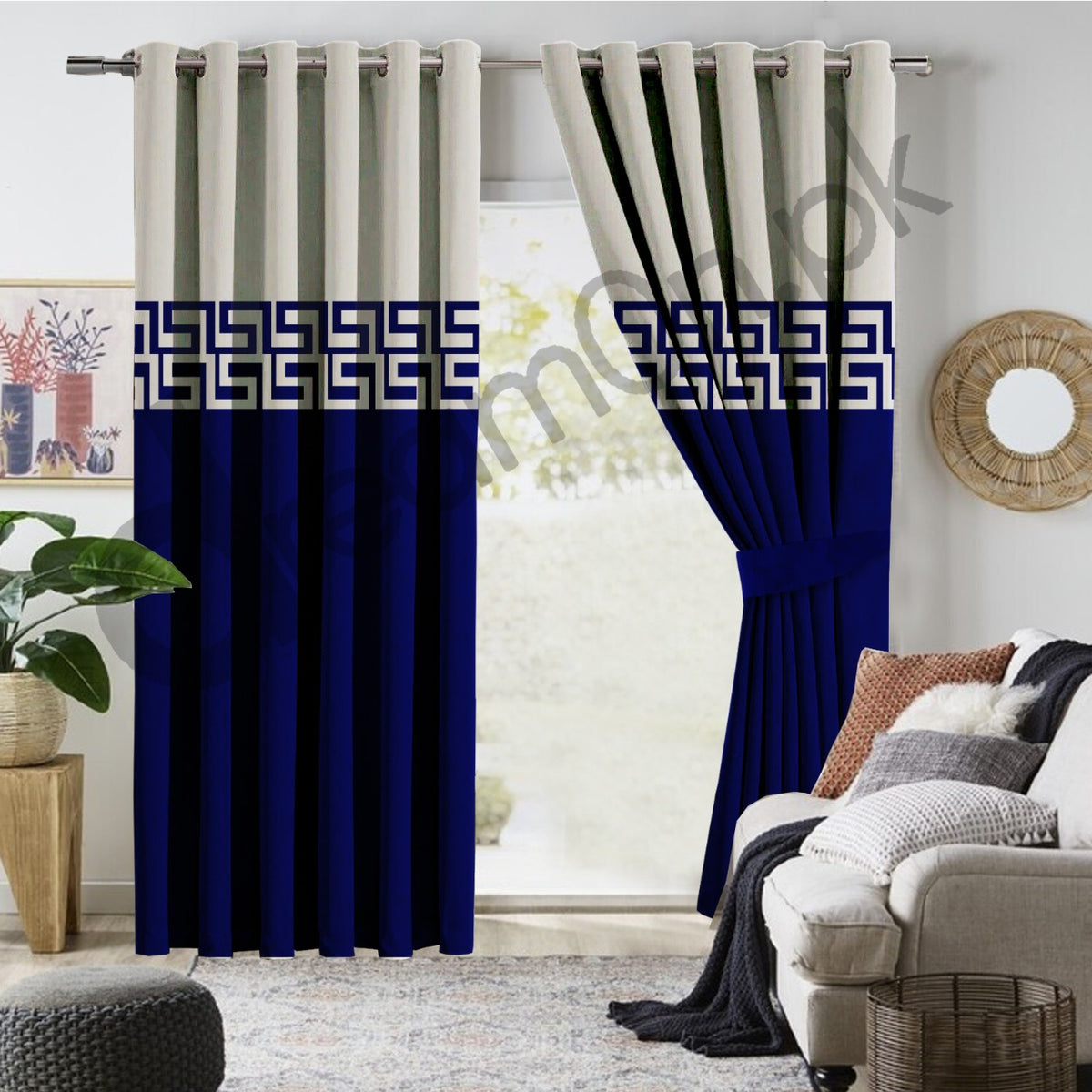 Luxury Velvet Curtains - Off White And Royal Blue