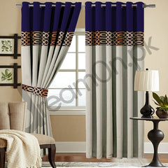 Luxury Velvet Curtains - Navy Blue And Off White