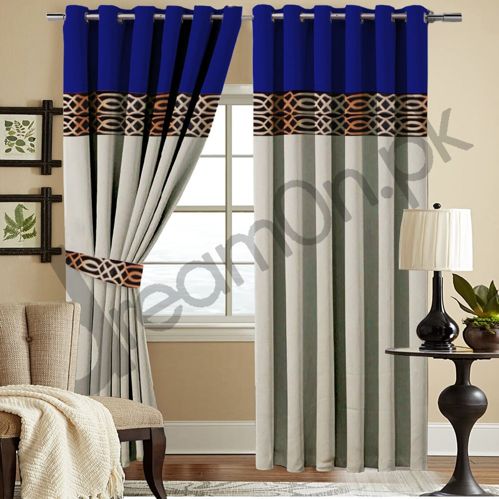 Luxury Velvet Curtains - Royal Blue And Off White