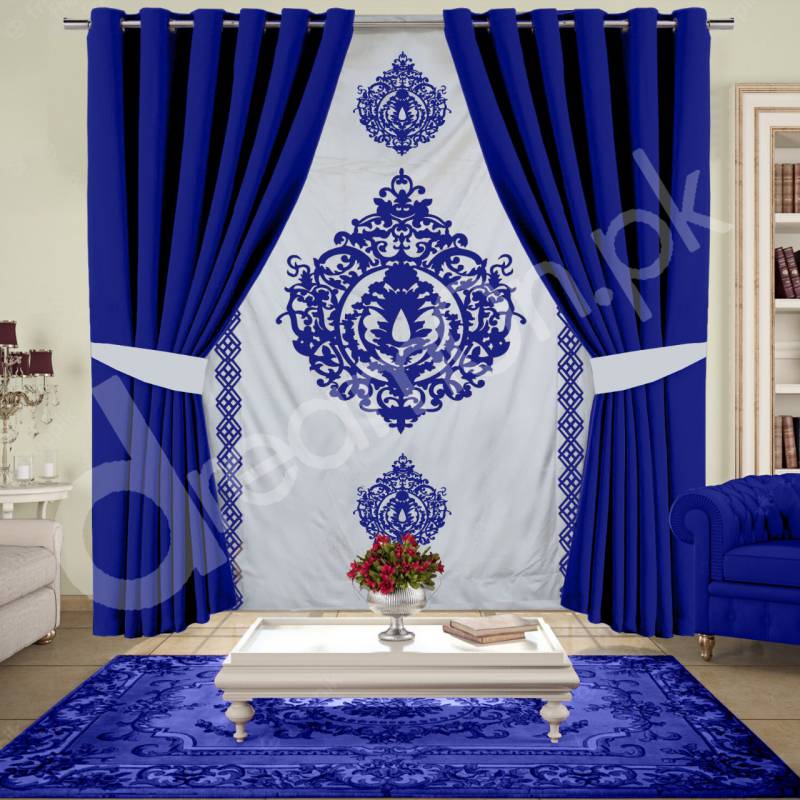 Royal Blue/Off White Blind And Curtains Set - 303
