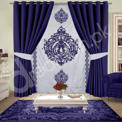 Navy Blue/Off White Blind And Curtains Set - 305