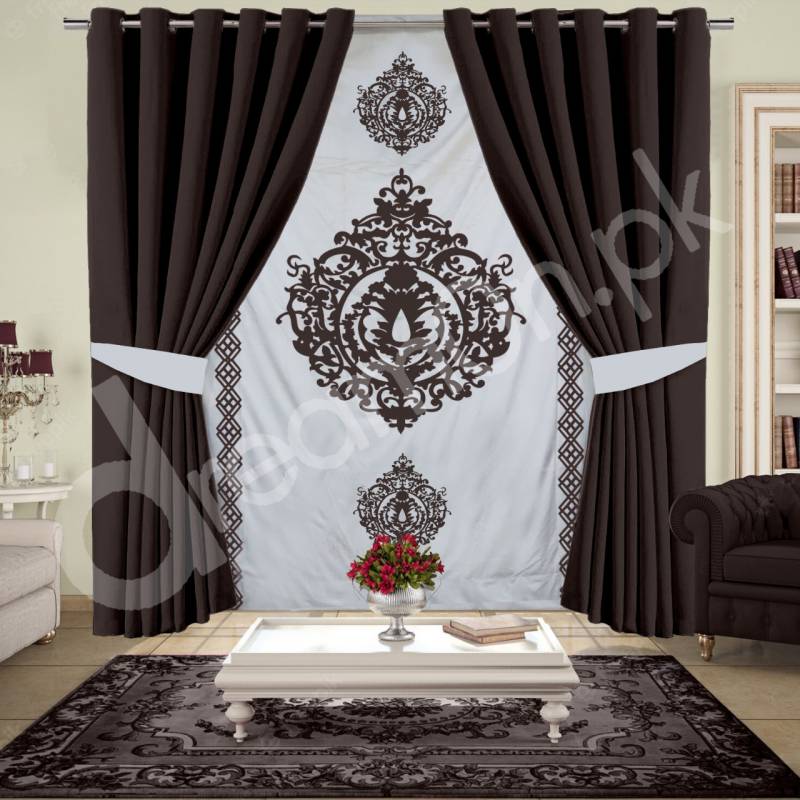 Brown/Off White Blind And Curtains Set - 306
