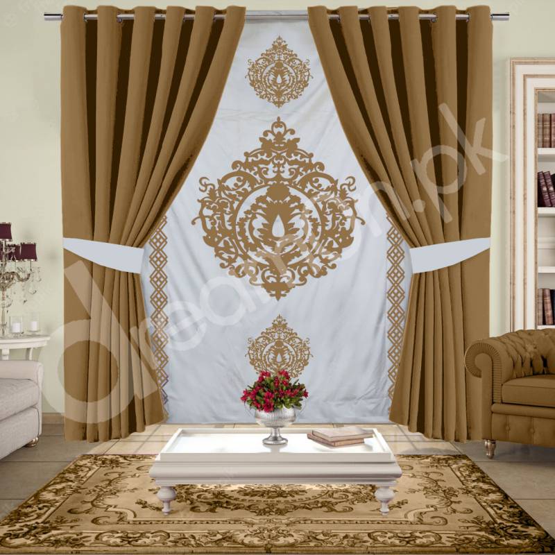 Camel/Off White Blind And Curtains Set - 308