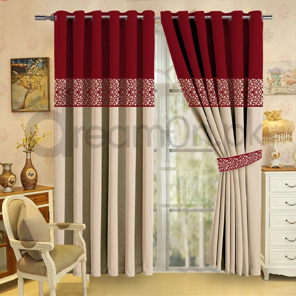 Luxury Velvet Curtains - Maroon And Off White