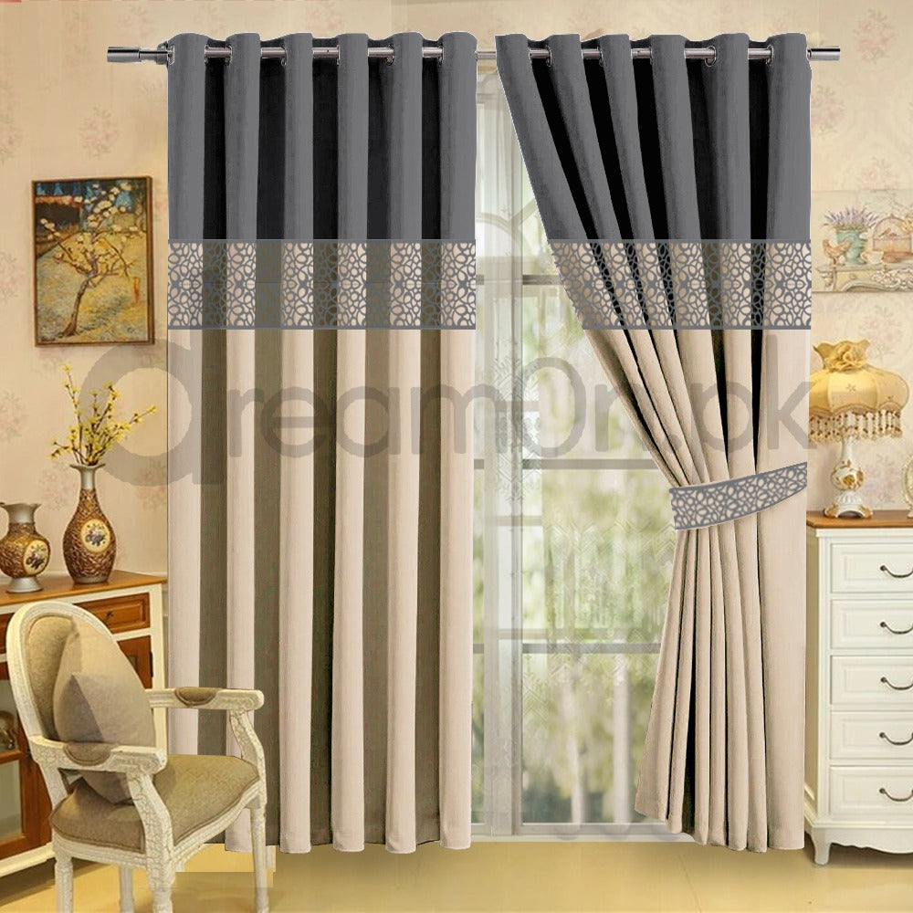 Luxury Velvet Curtains - Grey And Off White