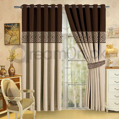 Luxury Velvet Curtains - Dark Brown And Off White