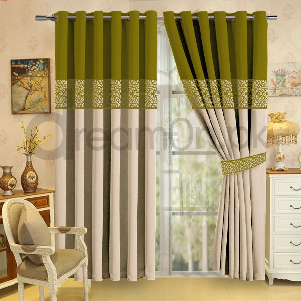 Luxury Velvet Curtains - Parrot Green And Off White