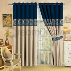 Luxury Velvet Curtains - Navy Blue And Off White