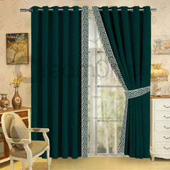 Luxury Velvet Curtains - Green & Off White