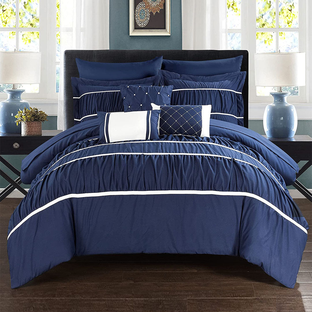 Luxury Centre Frill Bridal Bedding Set 9 Pcs-Navy Blue